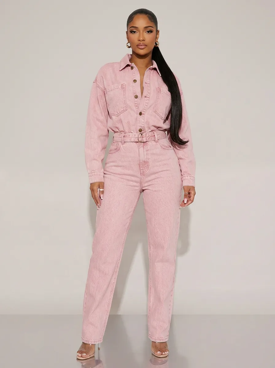 Pink Casual Button-Front Denim Jumpsuit