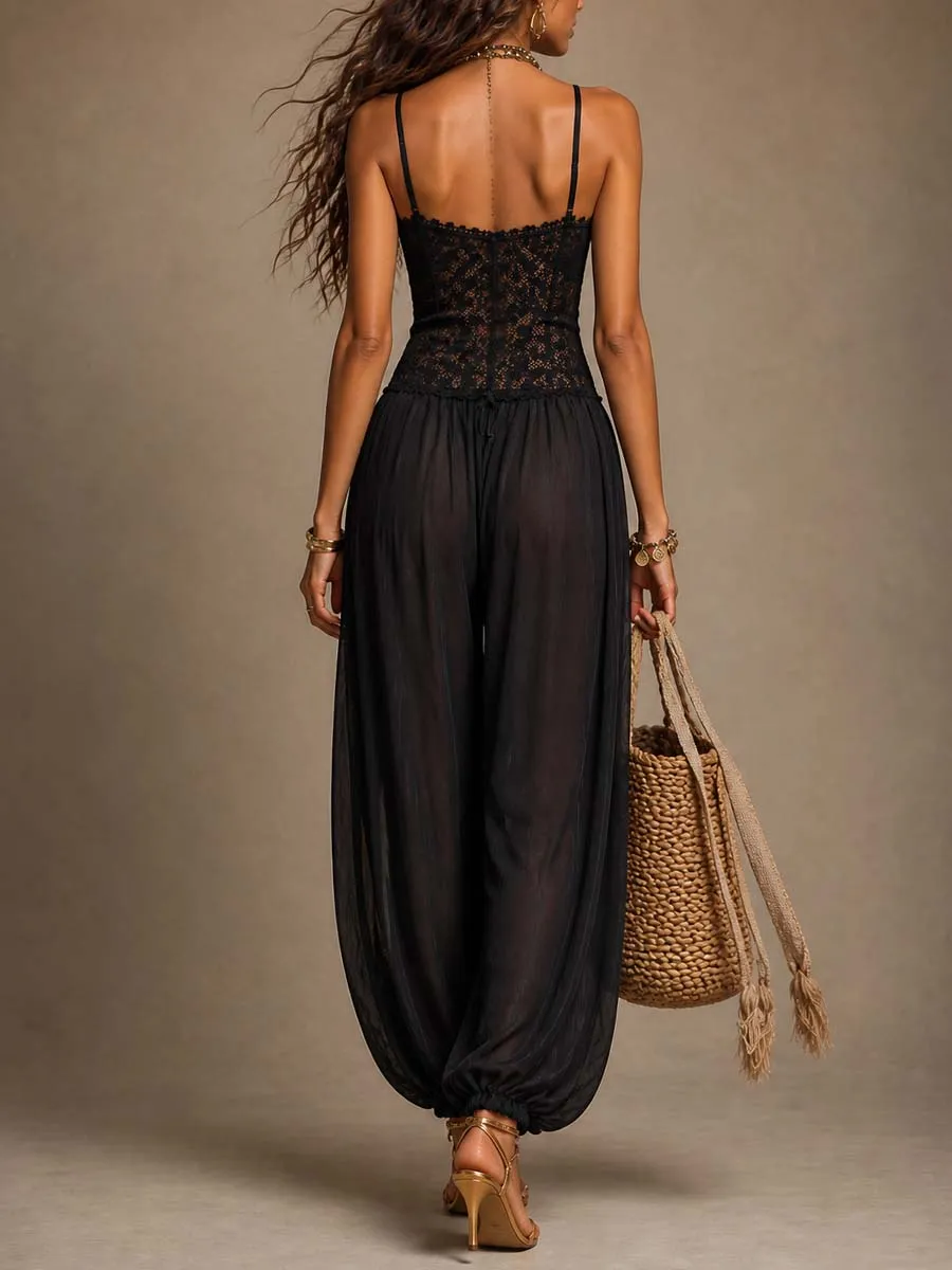 Black Lace Chiffon Halter Harem Jumpsuit