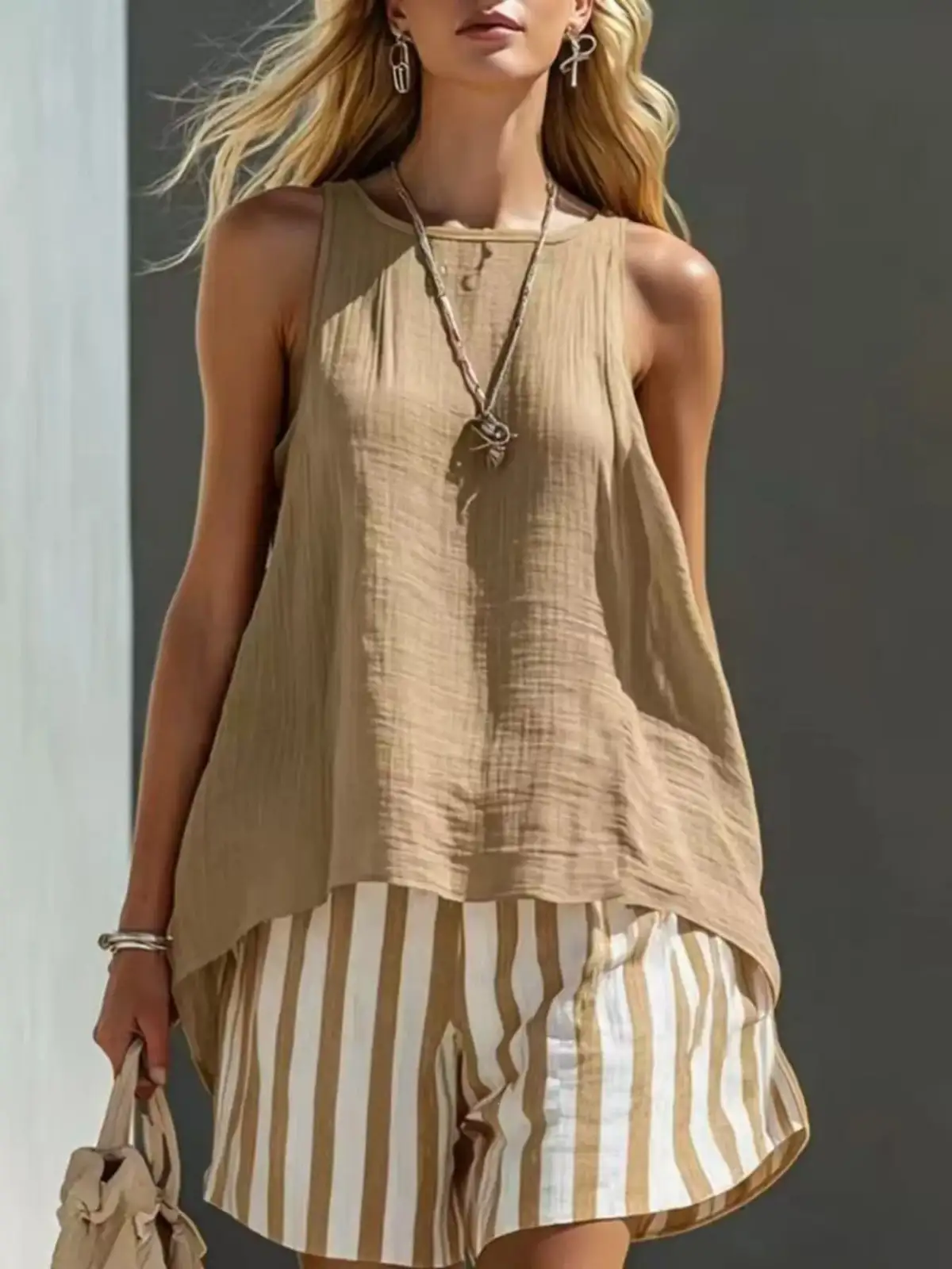 Round-Neck Striped Shorts Matching Set