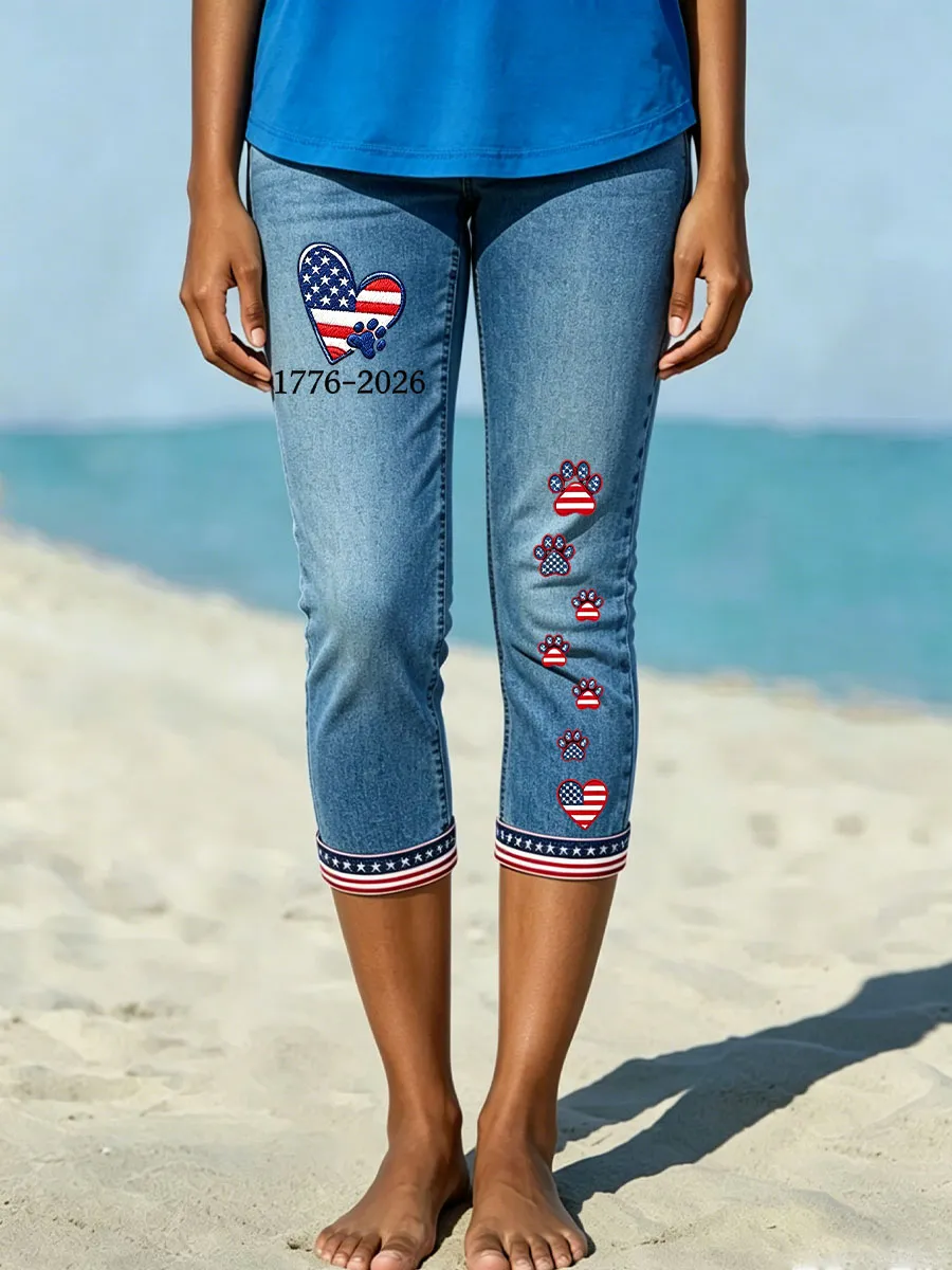 Women's American Paw Print Denim Pattern Leggings