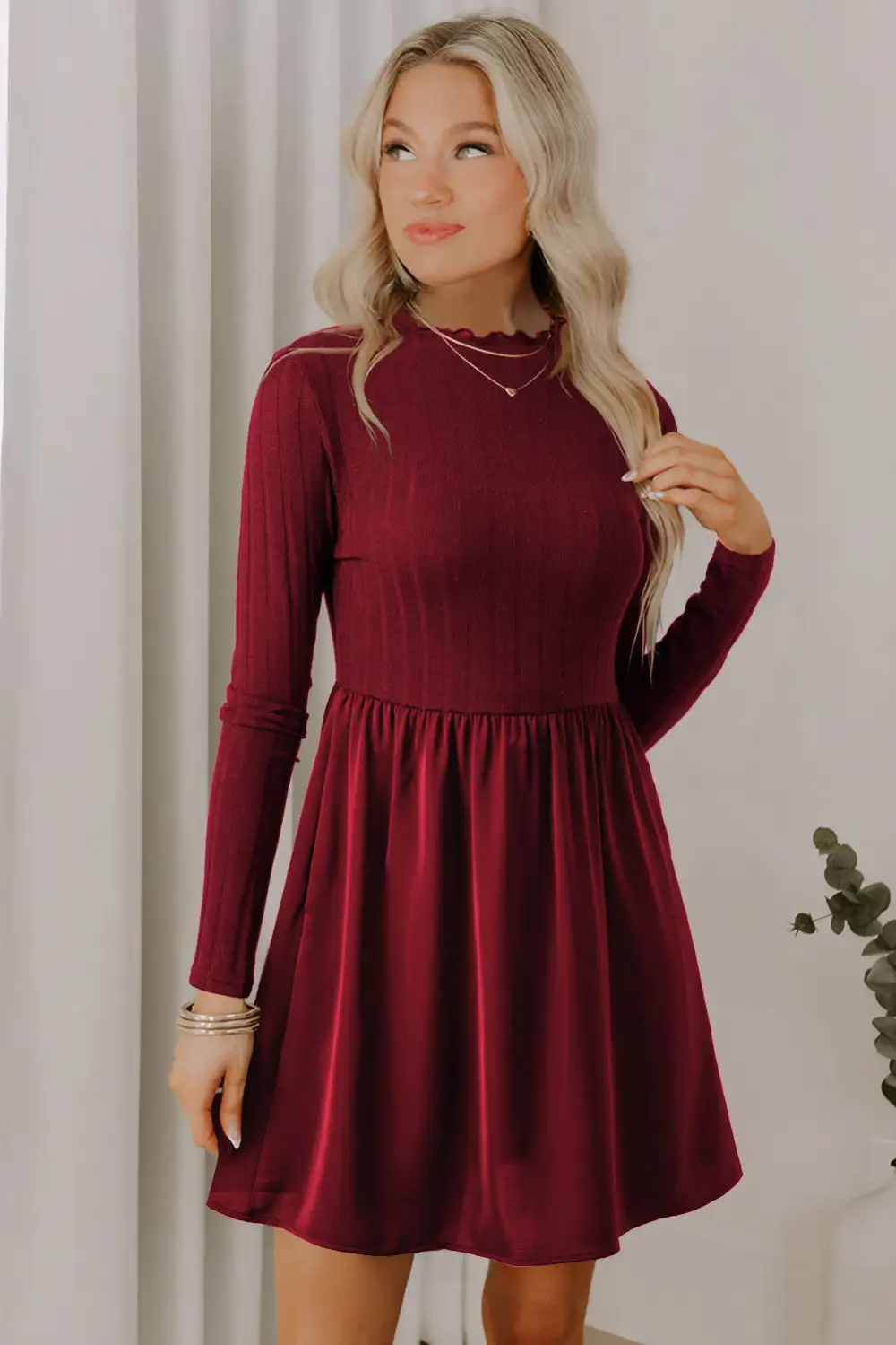 Polished Detail Patchwork Ribbed Knit Mini Dress