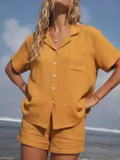 Pocketed Cotton Shirt and Shorts Matching Set