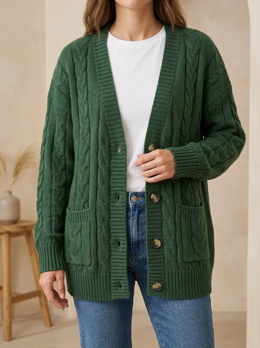 Women's Polished Casual Cable Knit Button Front V Neck Cardigan
