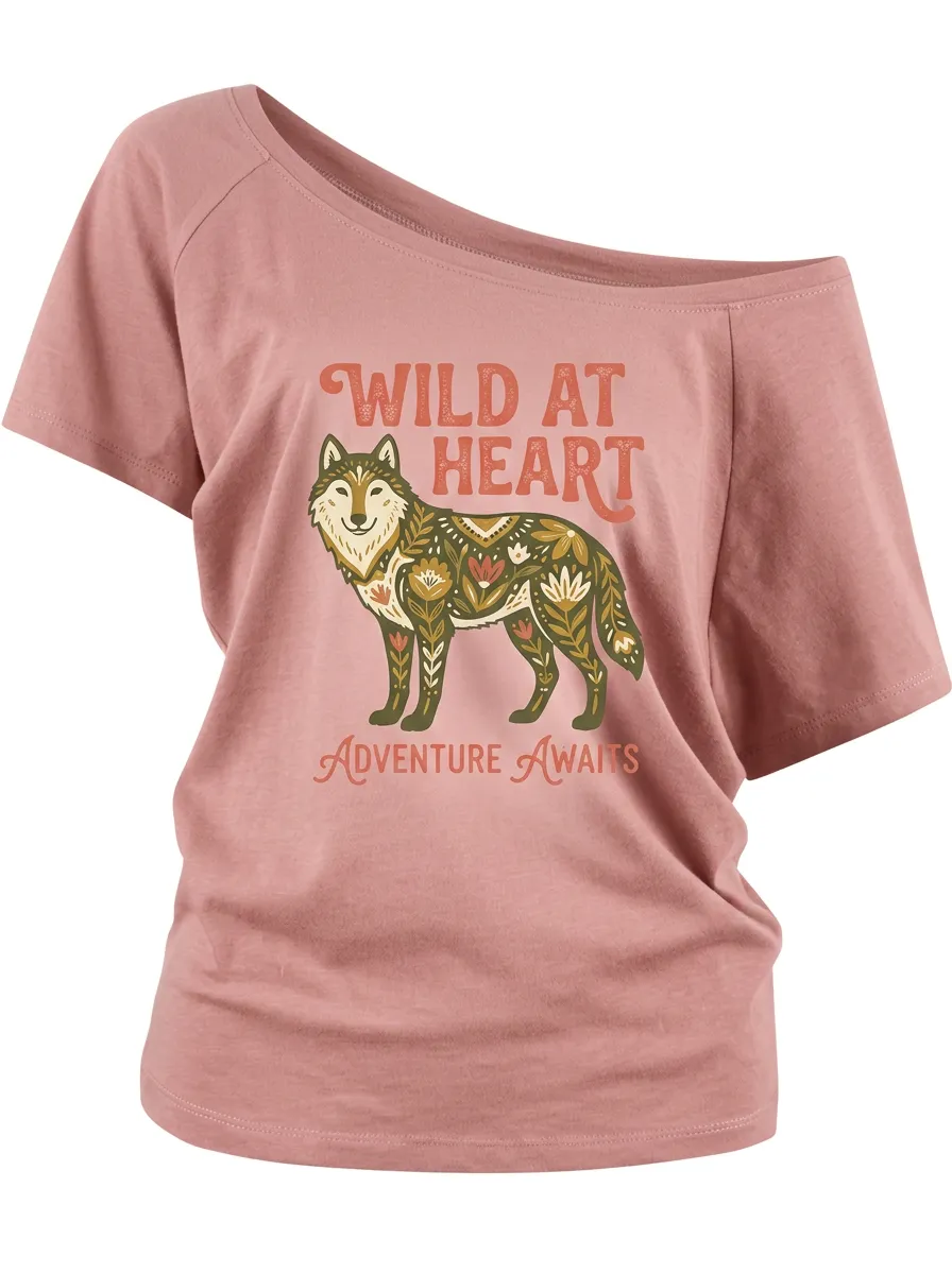 Wild At Heart Floral Wolf Off-Shoulder T-Shirt