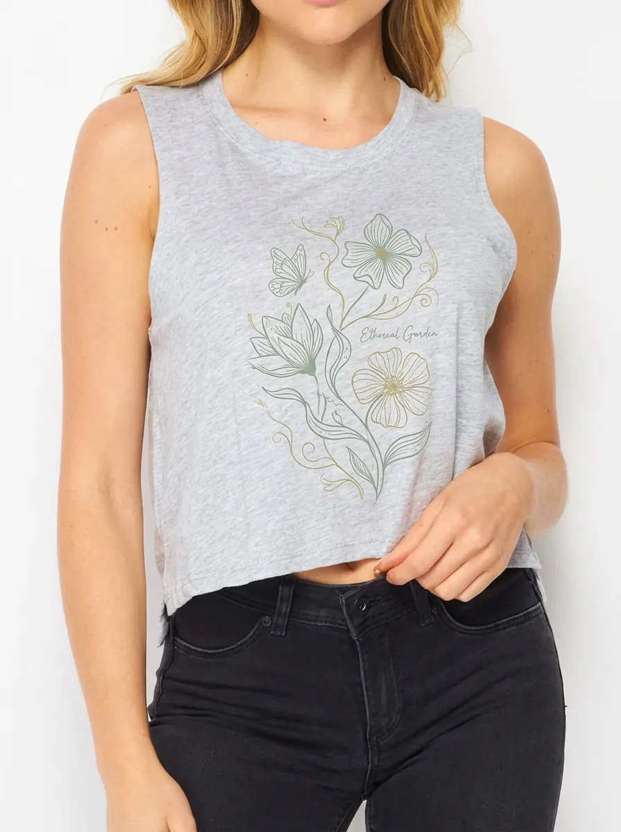 Women's Ethereal Garden Butterfly Floral Printed Crop Tank Top