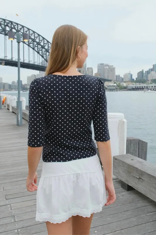 Navy Polka Dot Boat Neck Top