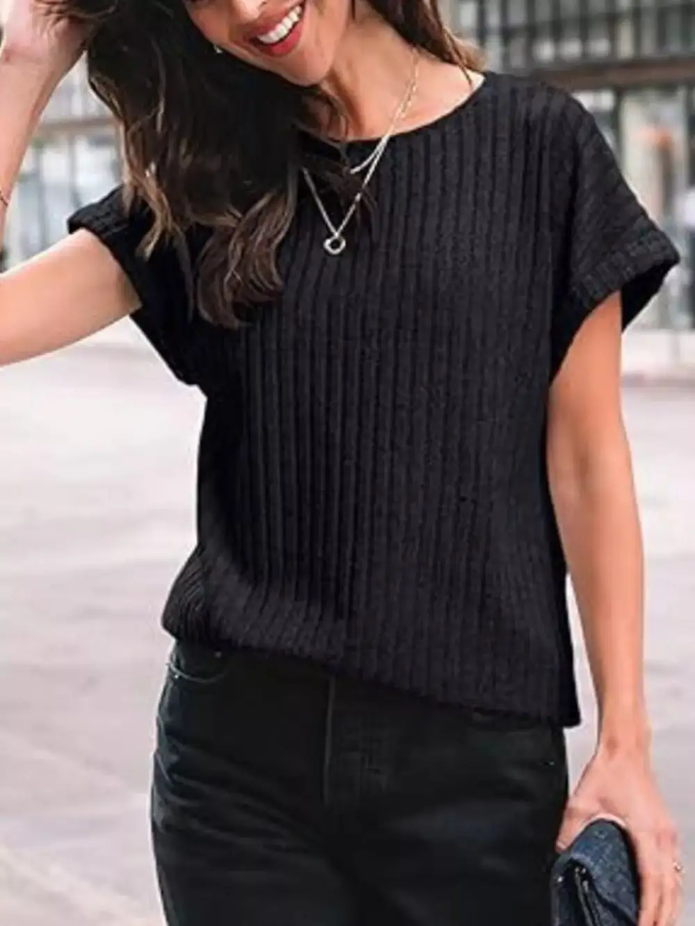 Casual Ribbed Knit Short Sleeve T Shirt