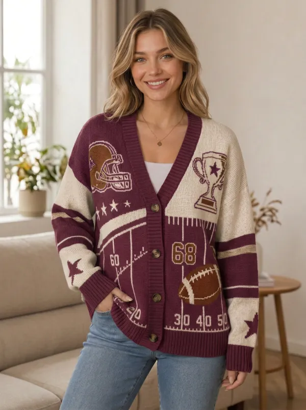 Women's Team Spirit Inspired Gridiron Helmet Trophy Knit Cardigan