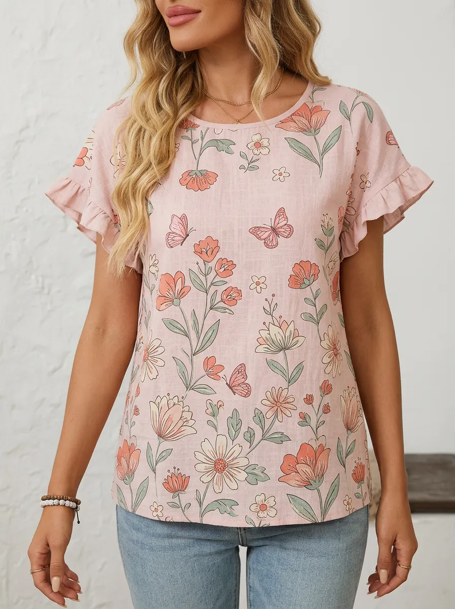 Butterfly Floral Ruffle-Sleeve Women's Loose Printed Blouse