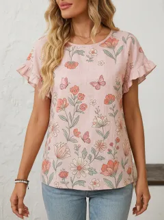 Butterfly Floral Ruffle-Sleeve Women's Loose Printed Blouse