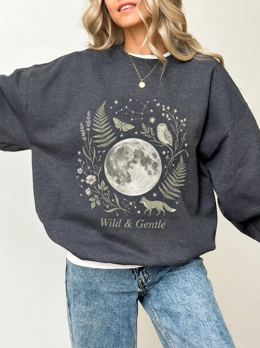 Women's Nature Lover Moon Fox Owl Printed Sweatshirt