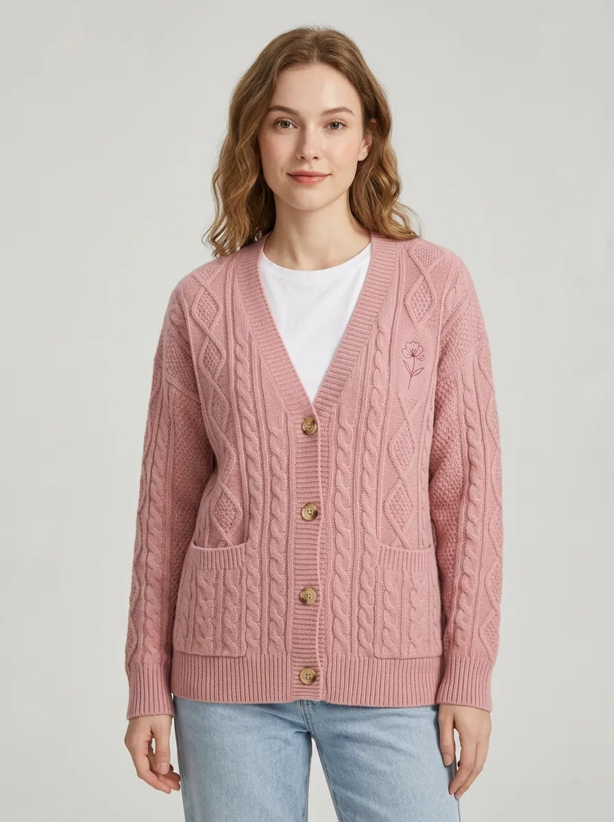 Women's Floral Minimalist Pink Cable Knit Embroidered Cardigan