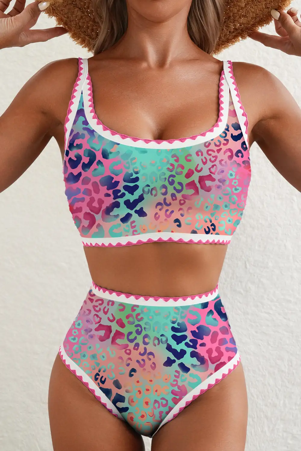 Leopard Ricrac Trim Square Bikini Swim Set