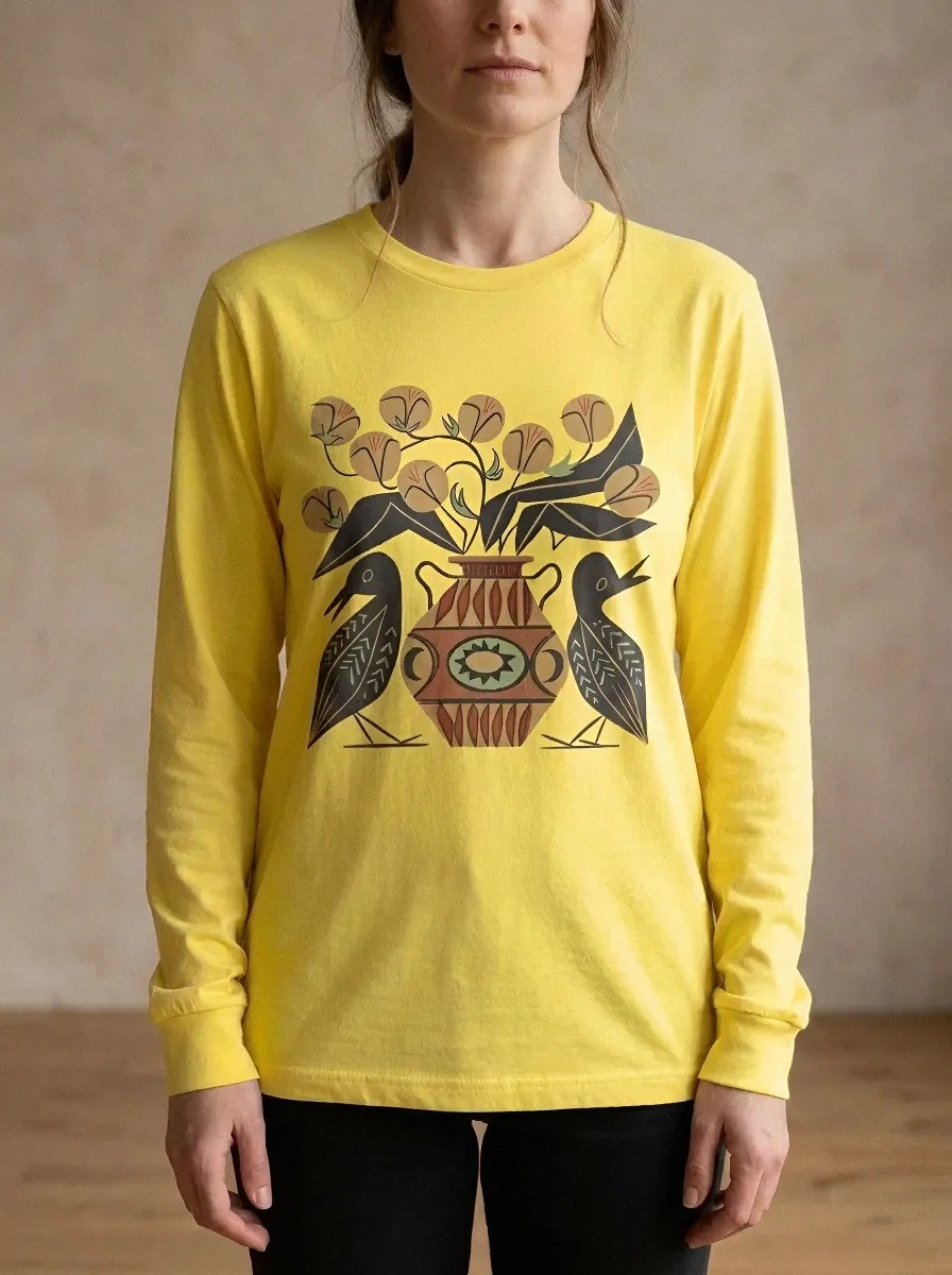 Women's Folk Art Bird Vase Floral Printed Long Sleeve T-shirt