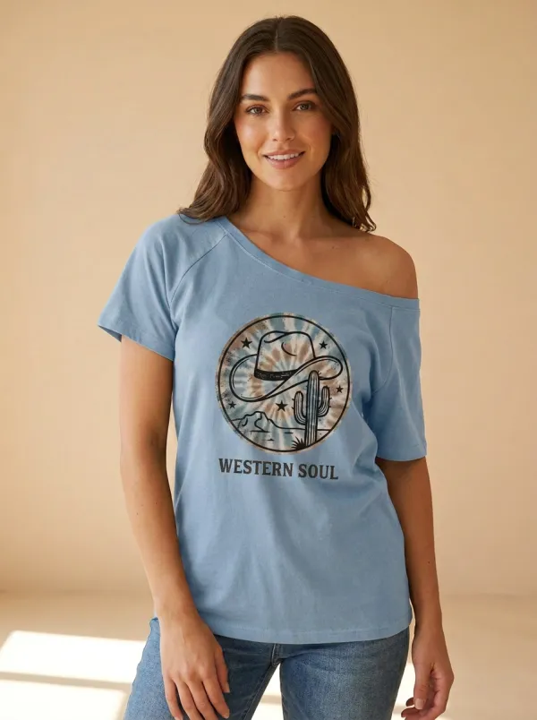 Women's Western Soul Cowboy Hat Cactus Printed Off-Shoulder T-shirt