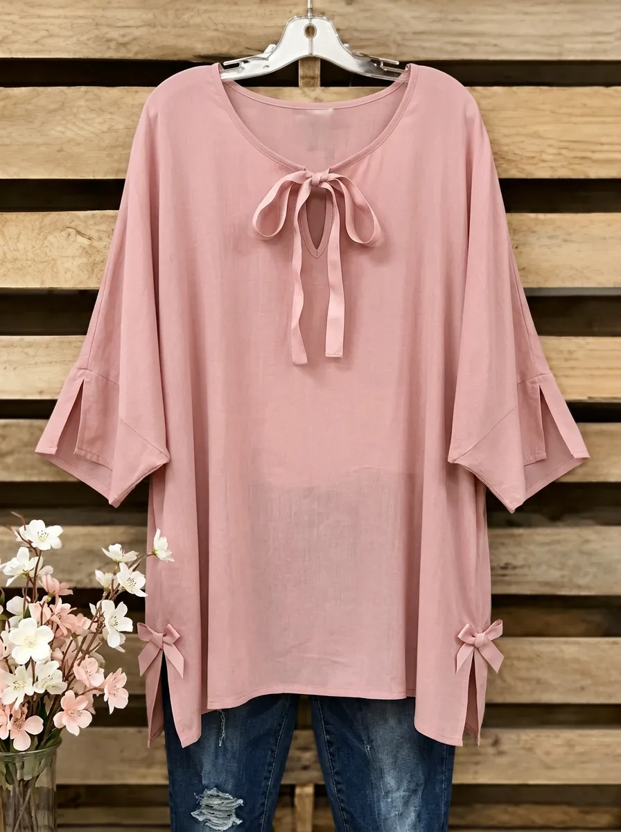 Women's Round Neck Tie-neck Elbow Sleeve Blouse