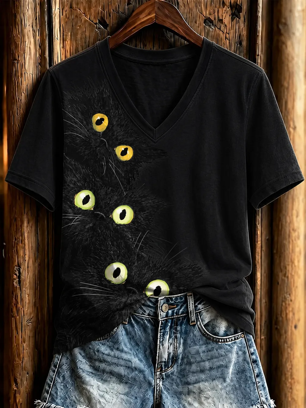 Women's Halloween Cat Art Printed Casual T-Shirt