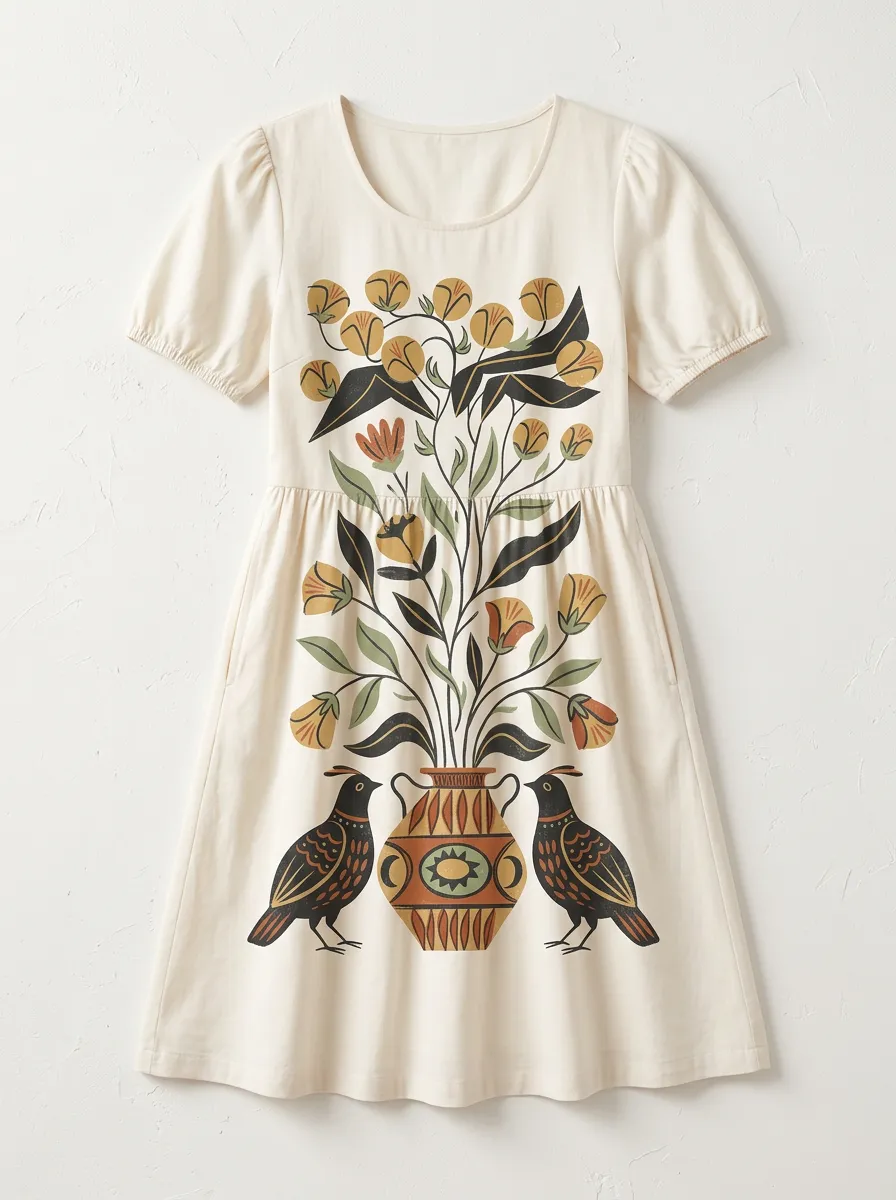 Folk Art Bird And Floral Vase Dress