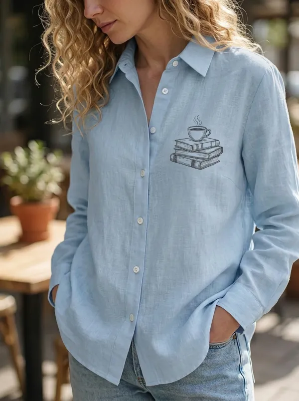 Women's Book Lover Coffee Stack Printed Button-Down Shirt