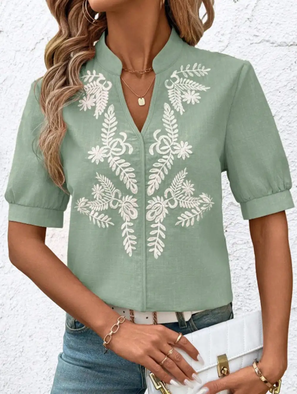 V Neck Embroidered Cotton Short Sleeve Blouse