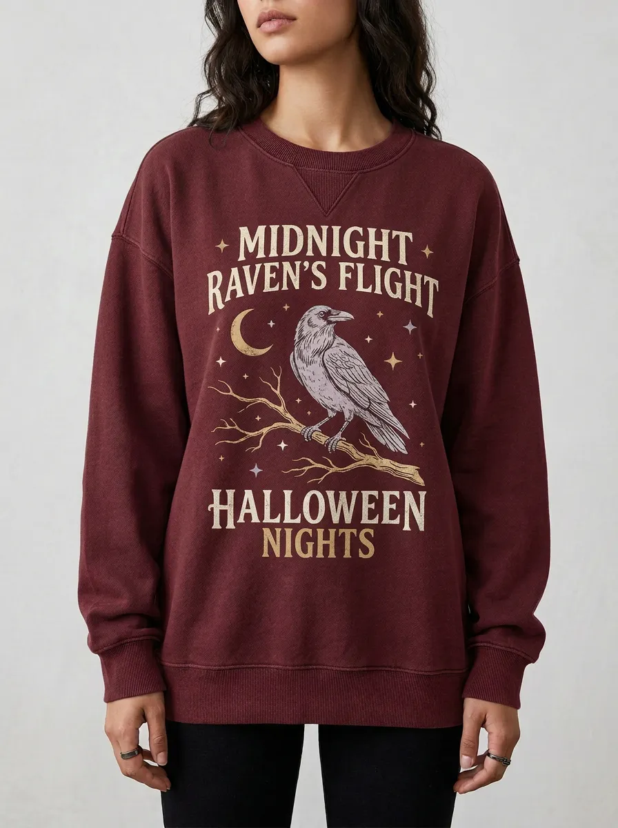 Women's Halloween Raven Moon Branch Printed Sweatshirt