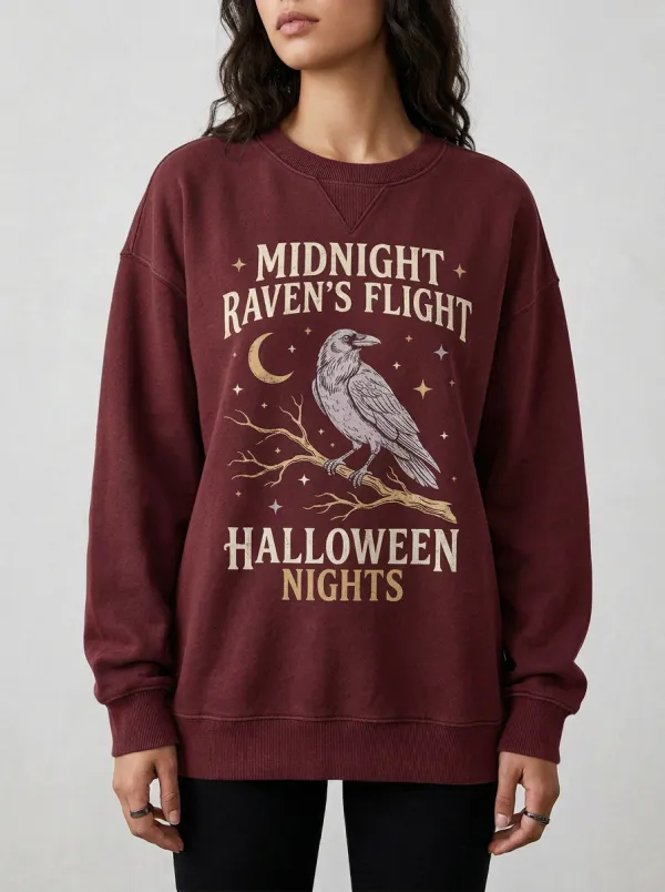 Women's Halloween Raven Moon Branch Printed Sweatshirt