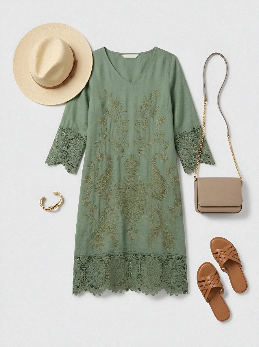 Women's Summer Vacation Floral Embroidery Lace Trimmed Dress