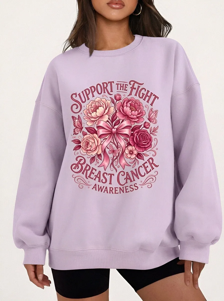 Women's Breast Cancer Awareness Floral Ribbon Printed Sweatshirt