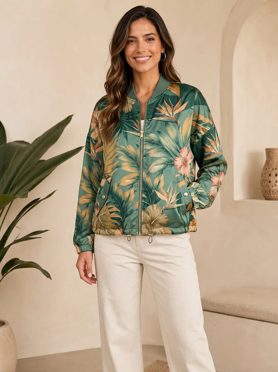 Women's Tropical Floral Leaf Drawstring Hem Bomber Jacket