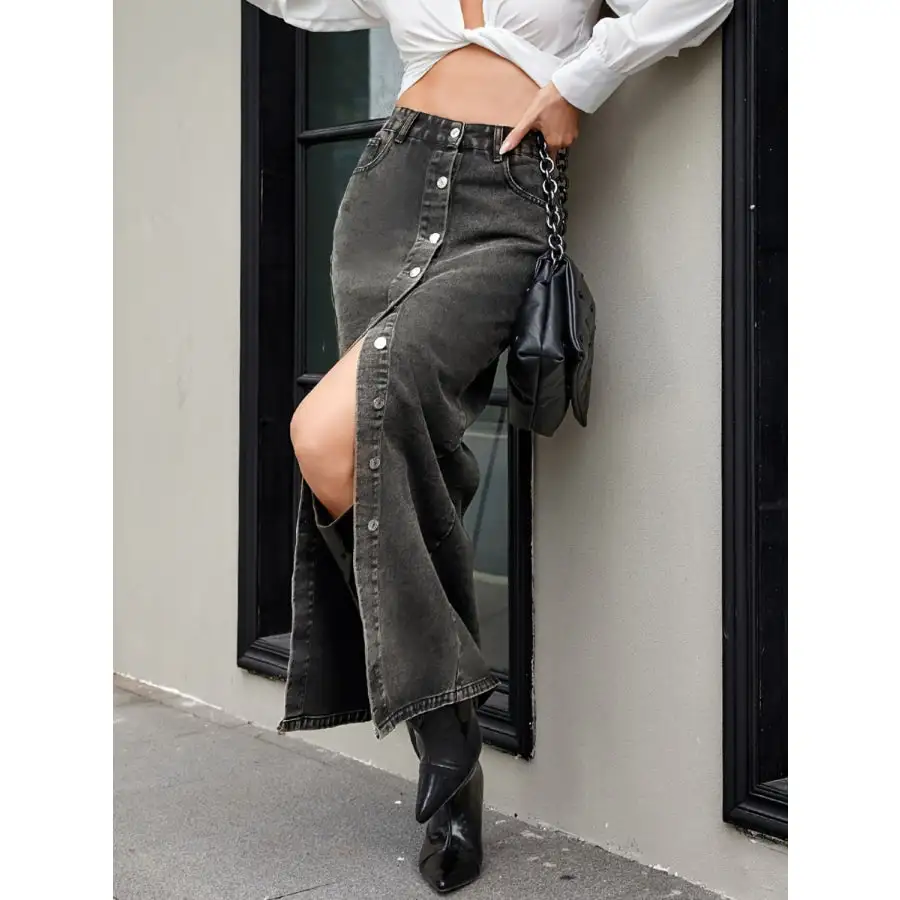 Button Up High Rise Denim Skirt