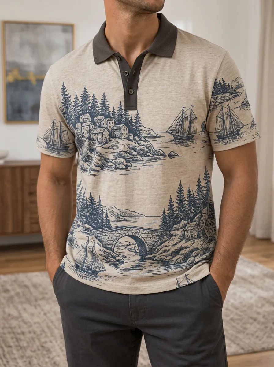Men's Nautical Landscape Sailboat Printed Polo Shirt Modern Casual Style