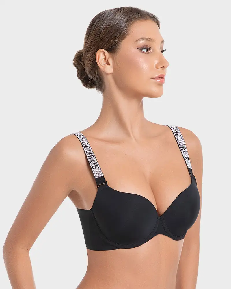 Deep V Push-Up Underwire Bra with Rhinestone Strap