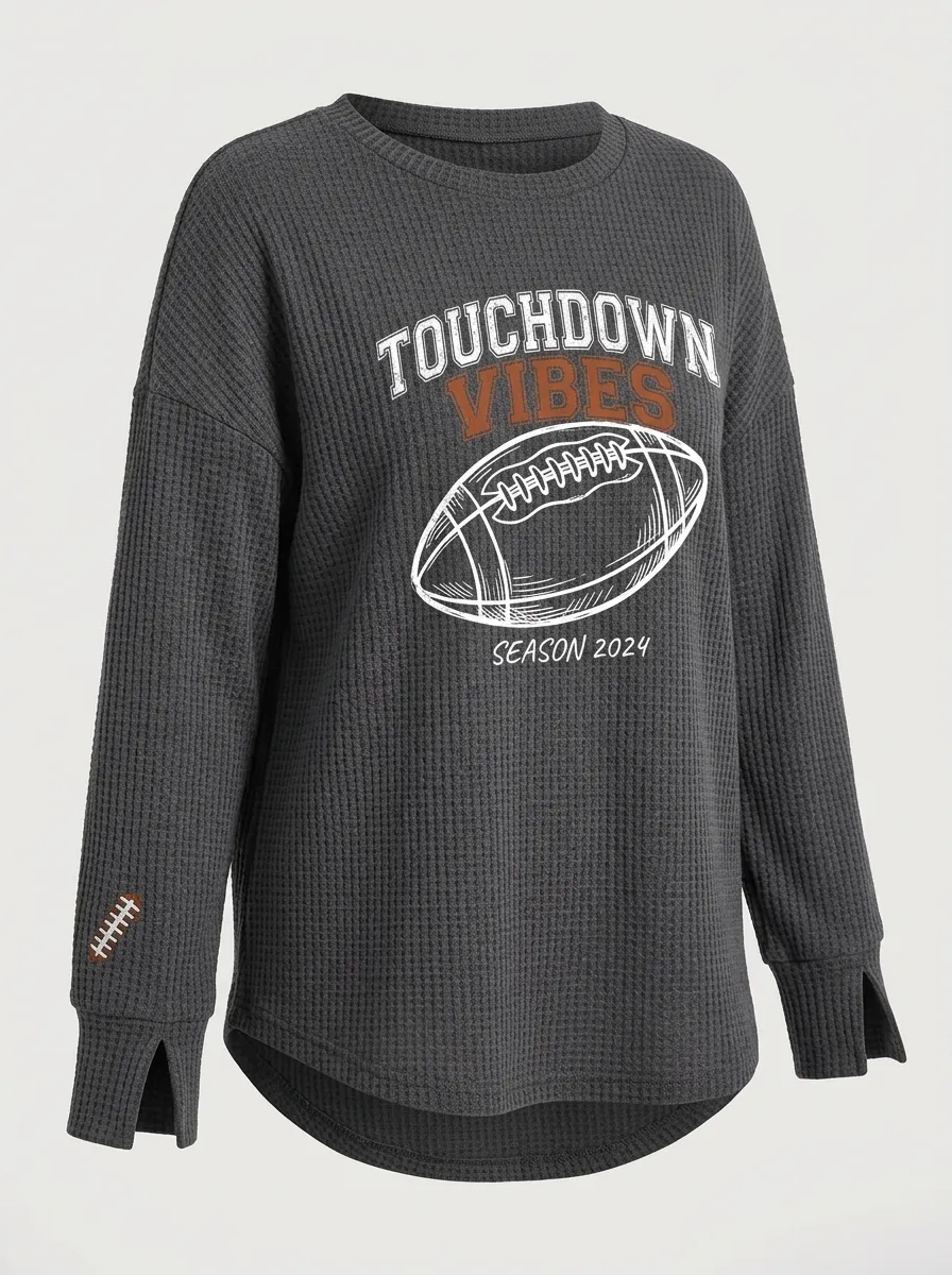Women's Football Fan Touchdown Vibes Season Printed Waffle T-Shirt
