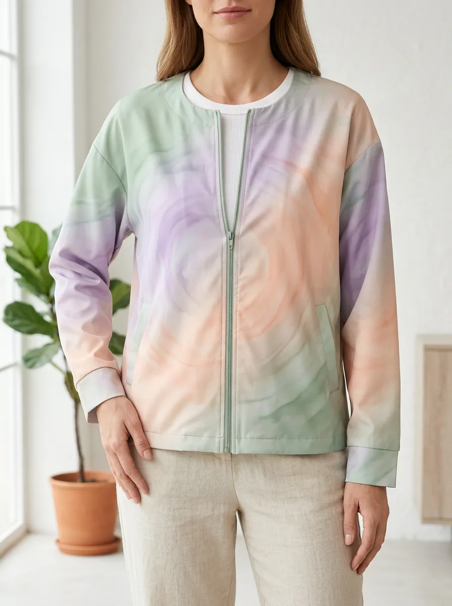 Women's Pastel Swirl Tie-Dye Printed Bomber Jacket