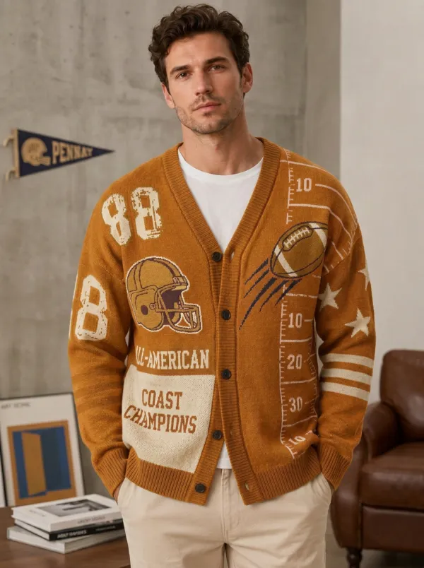 Men's Classic Football Helmet Ball Knit Knit Cardigan