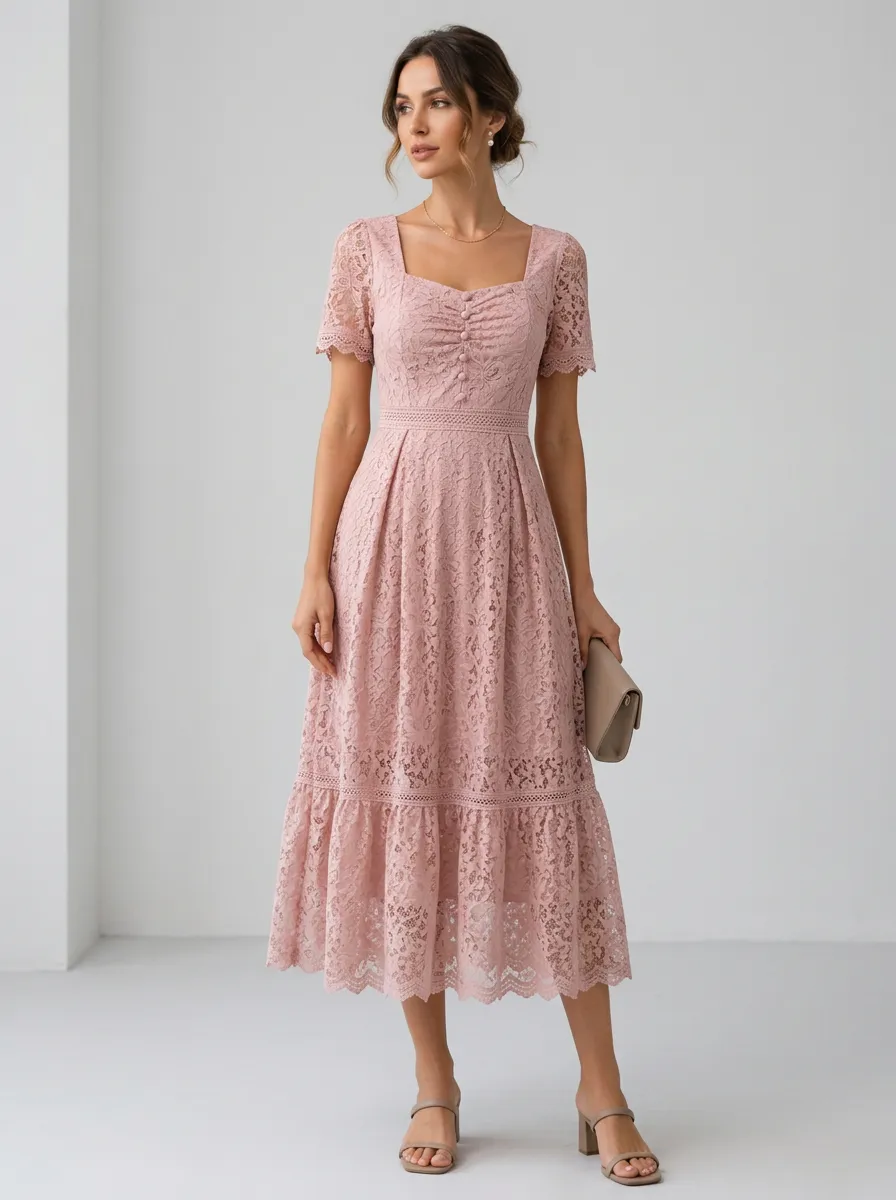 Women's Elegant Vintage Pink Floral Lace Square Neck Midi Dress