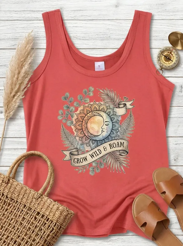 Boho Nature Lover Sun Moon Floral Tank Top