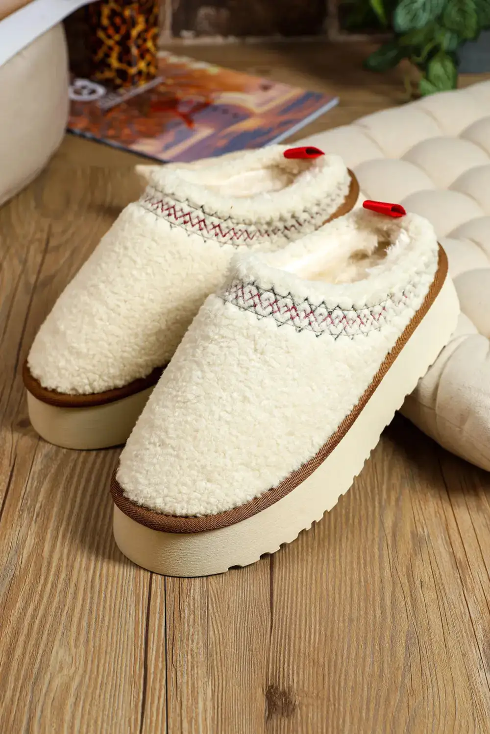 Embroidered Sherpa Thick Sole Slippers