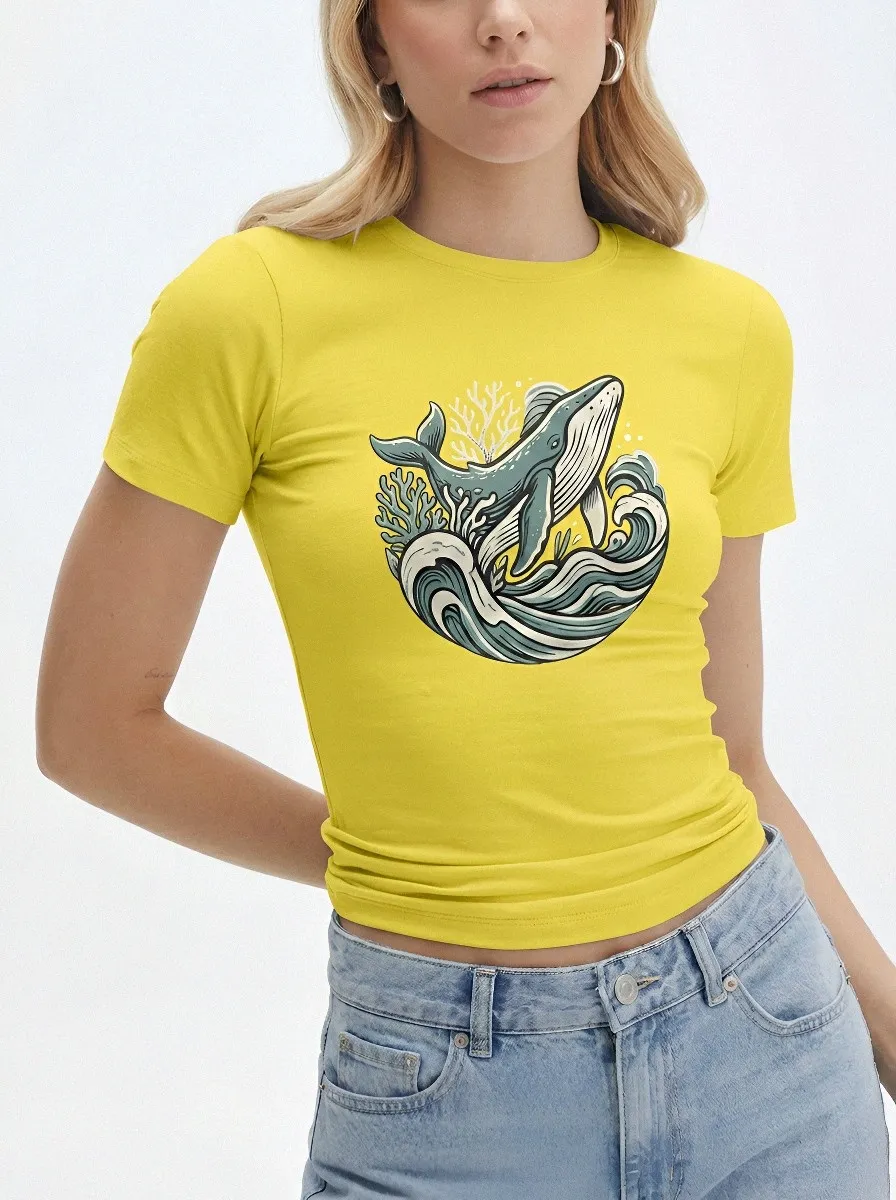 Women's Ocean Lover Humpback Whale Coral Waves Printed T-shirt