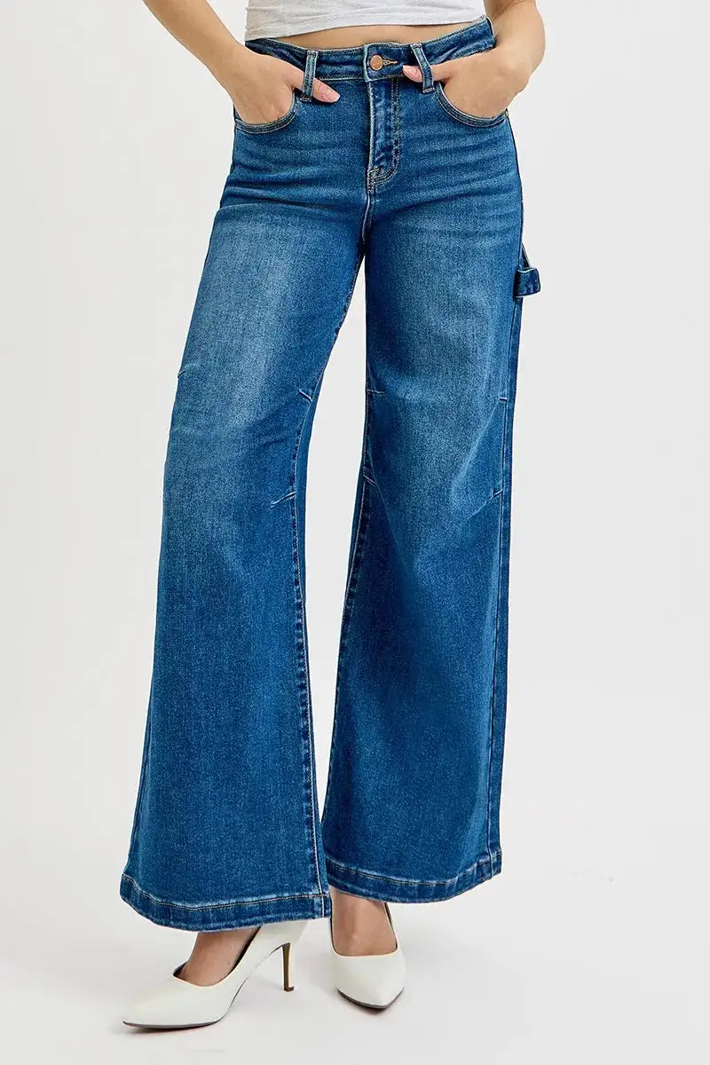 Full Size High Rise Wide Leg Patch Detailed Jeans Plus Size