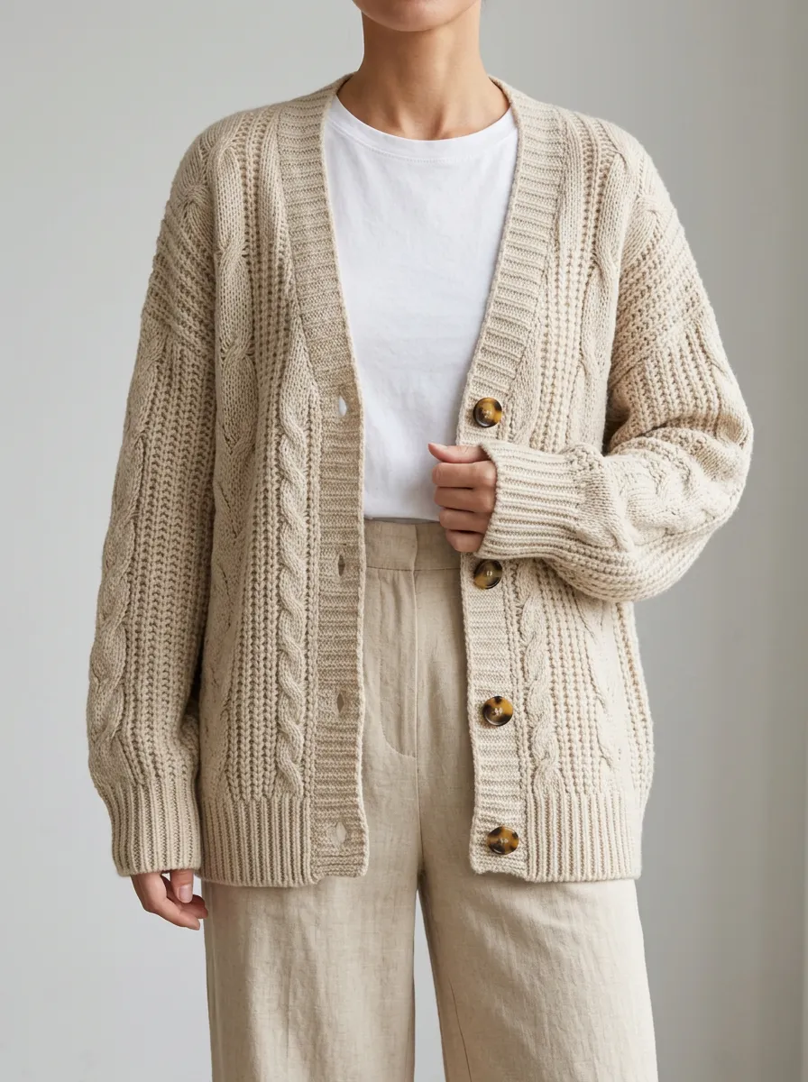 Women's Layering Layered Cable Knit Button Front V Neck Cardigan