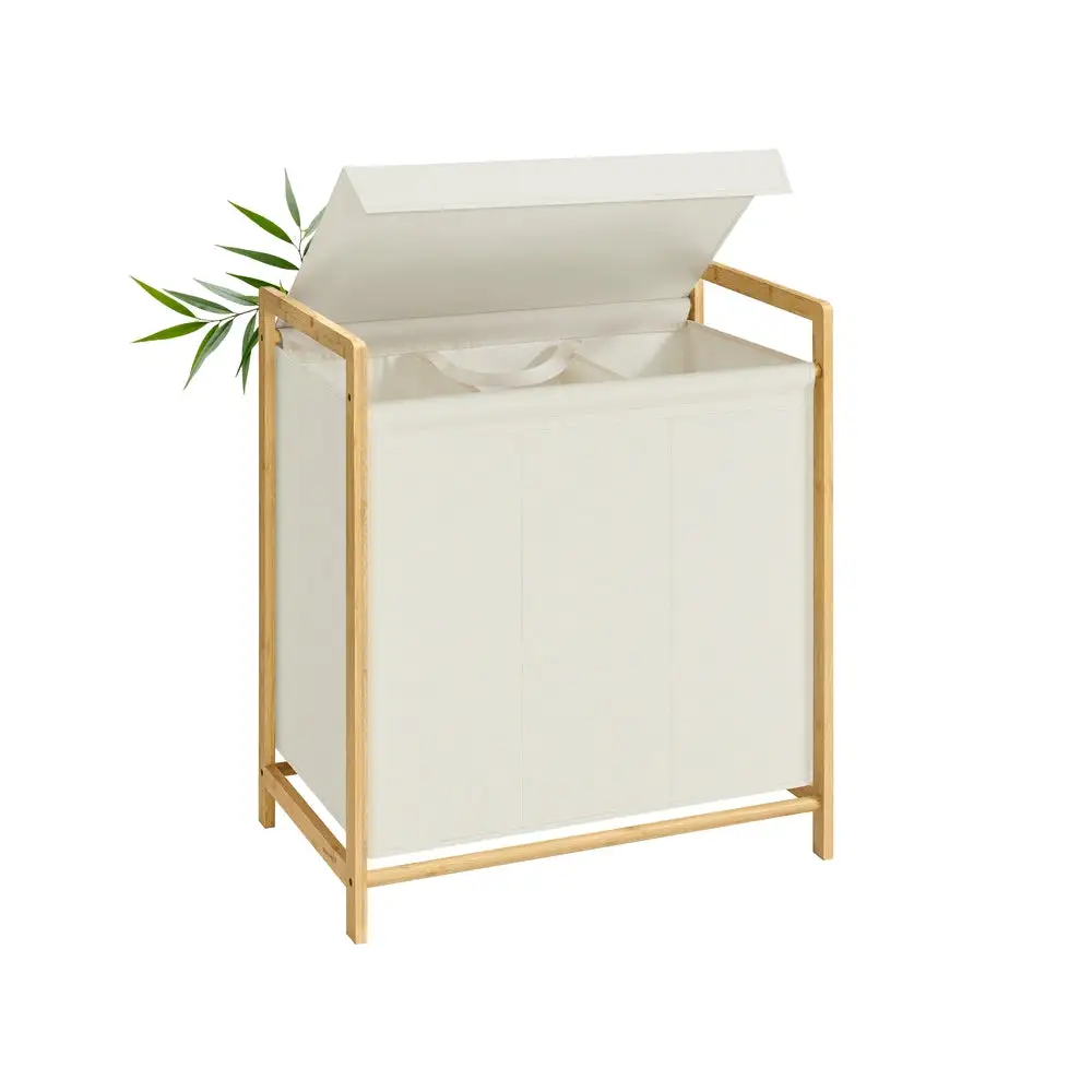 Triple Compartment Divided Bamboo Laundry Storage Hamper