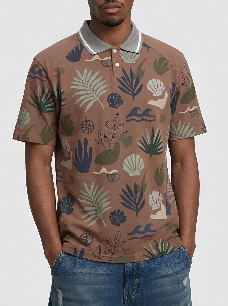 Men's Tropical Beach Shell Compass Printed Polo Shirt