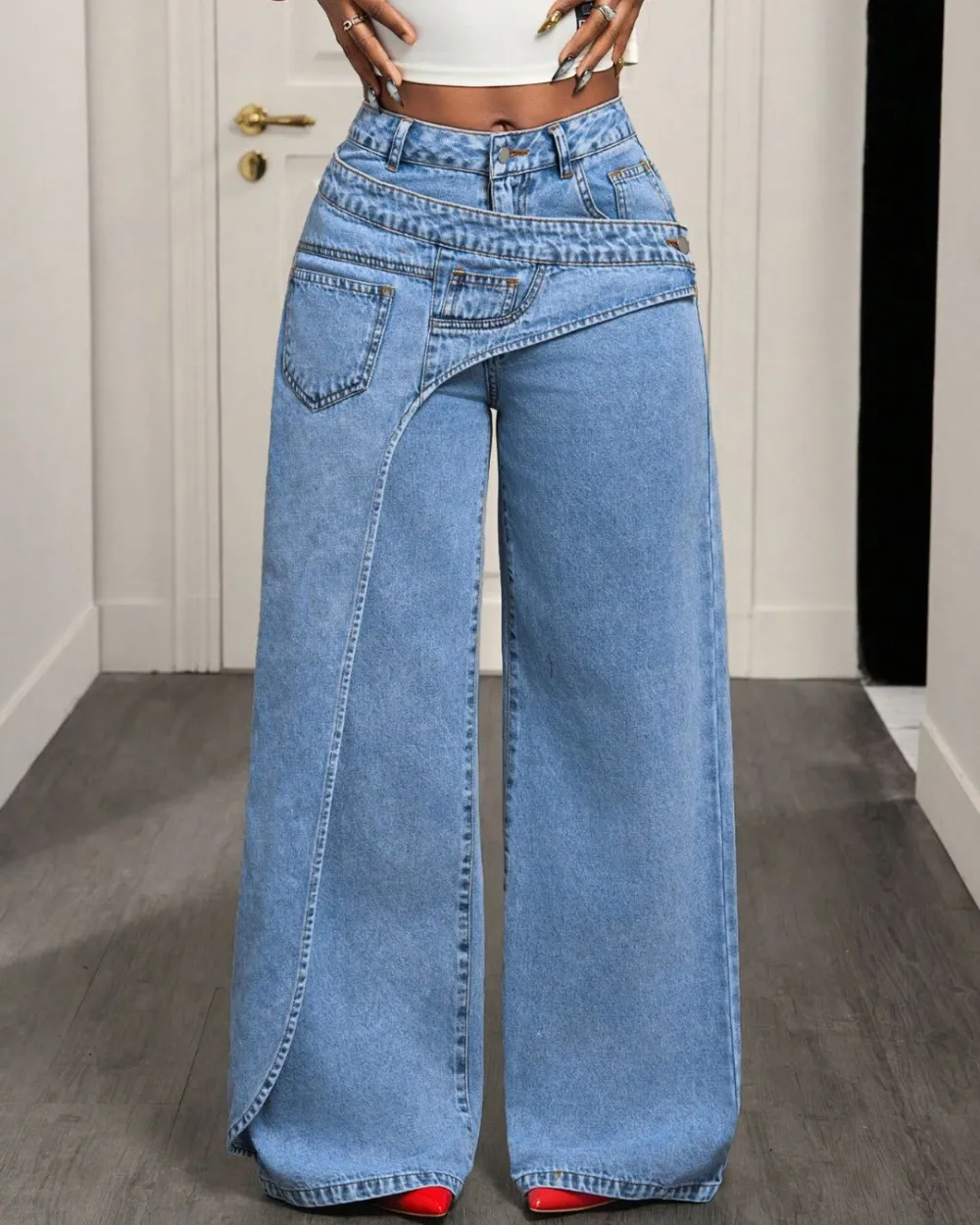 Asymmetric-Pocket Wide-Leg Jeans