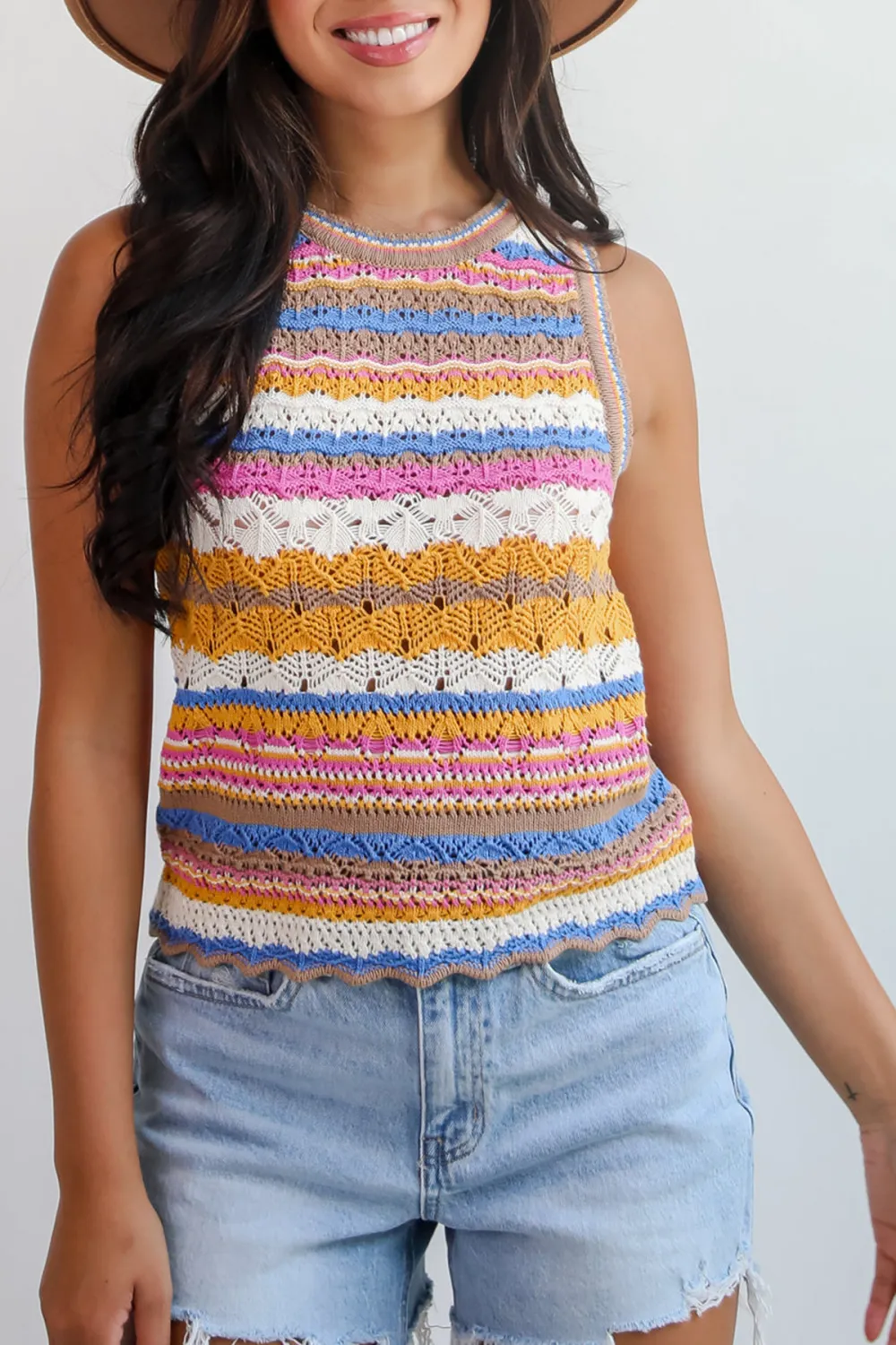 Striped Multi Crochet Knit Tank