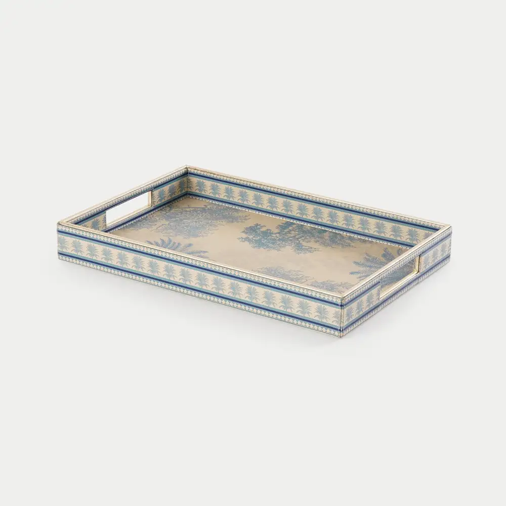 Blue Rectangular Faux Leather Tray
