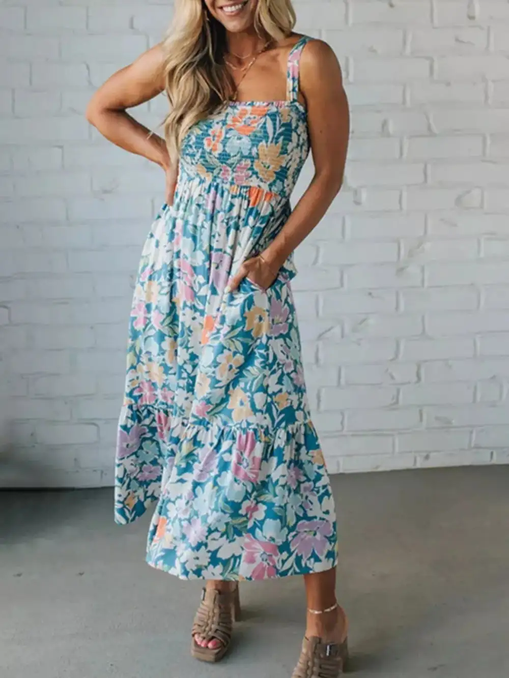 Smocked Smocked Square Neck Midi Dress