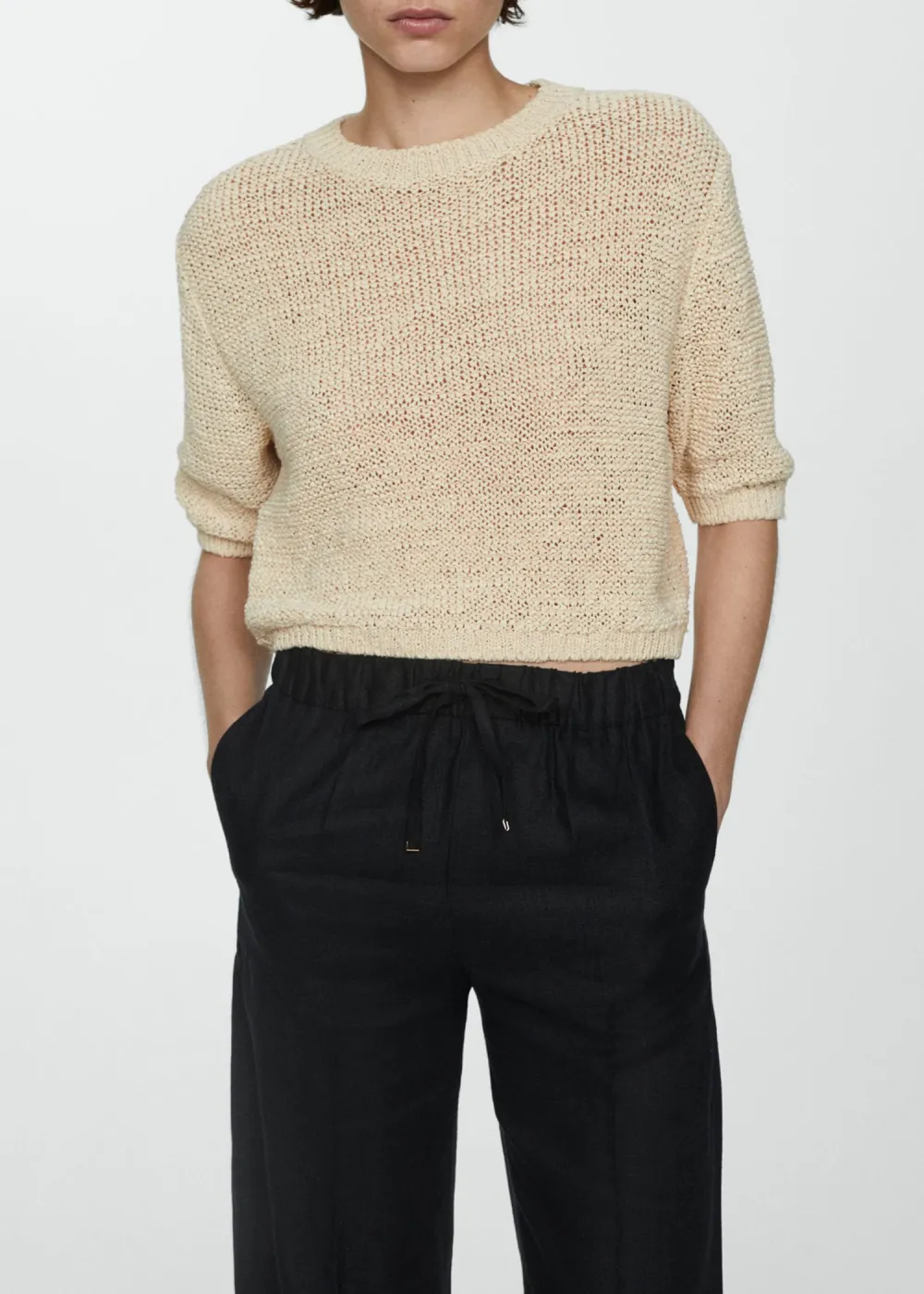 Linen-Blend Elastic Waist Trousers