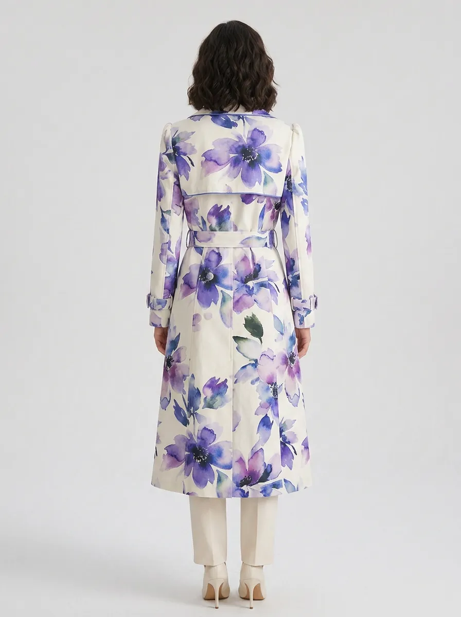 Women's Floral Lover Purple Watercolor Printed Trench Coat