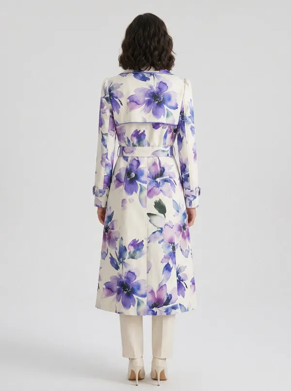 Women's Floral Lover Purple Watercolor Printed Trench Coat